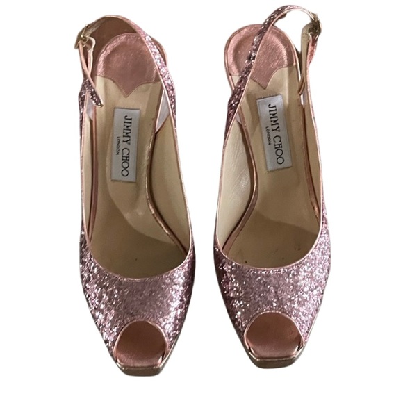JIMMY CHOO Rose Glitter Peep Toe Slingback Heels - Picture 2 of 4